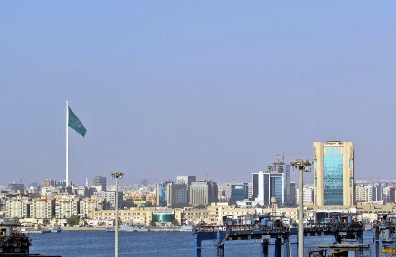 Jeddah waterfront with the Saudi flag